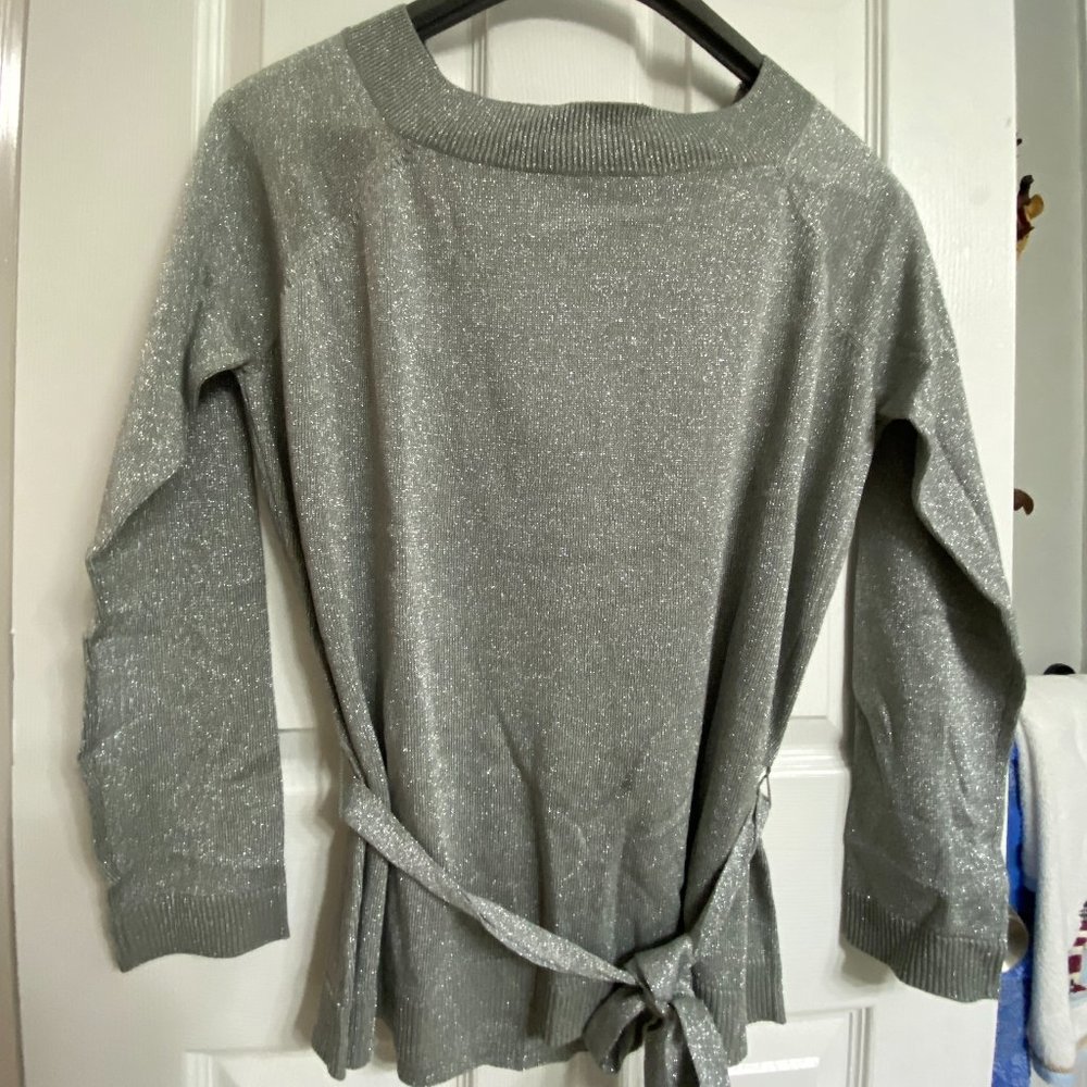 NWT New York & Company Silver Sparkly Sweater~Removable Tie Waist~XL